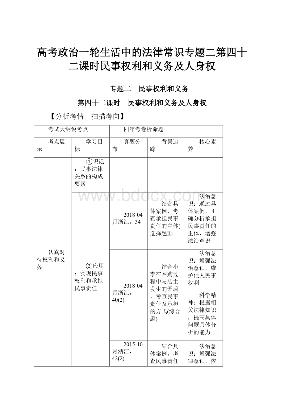 高考政治一轮生活中的法律常识专题二第四十二课时民事权利和义务及人身权.docx