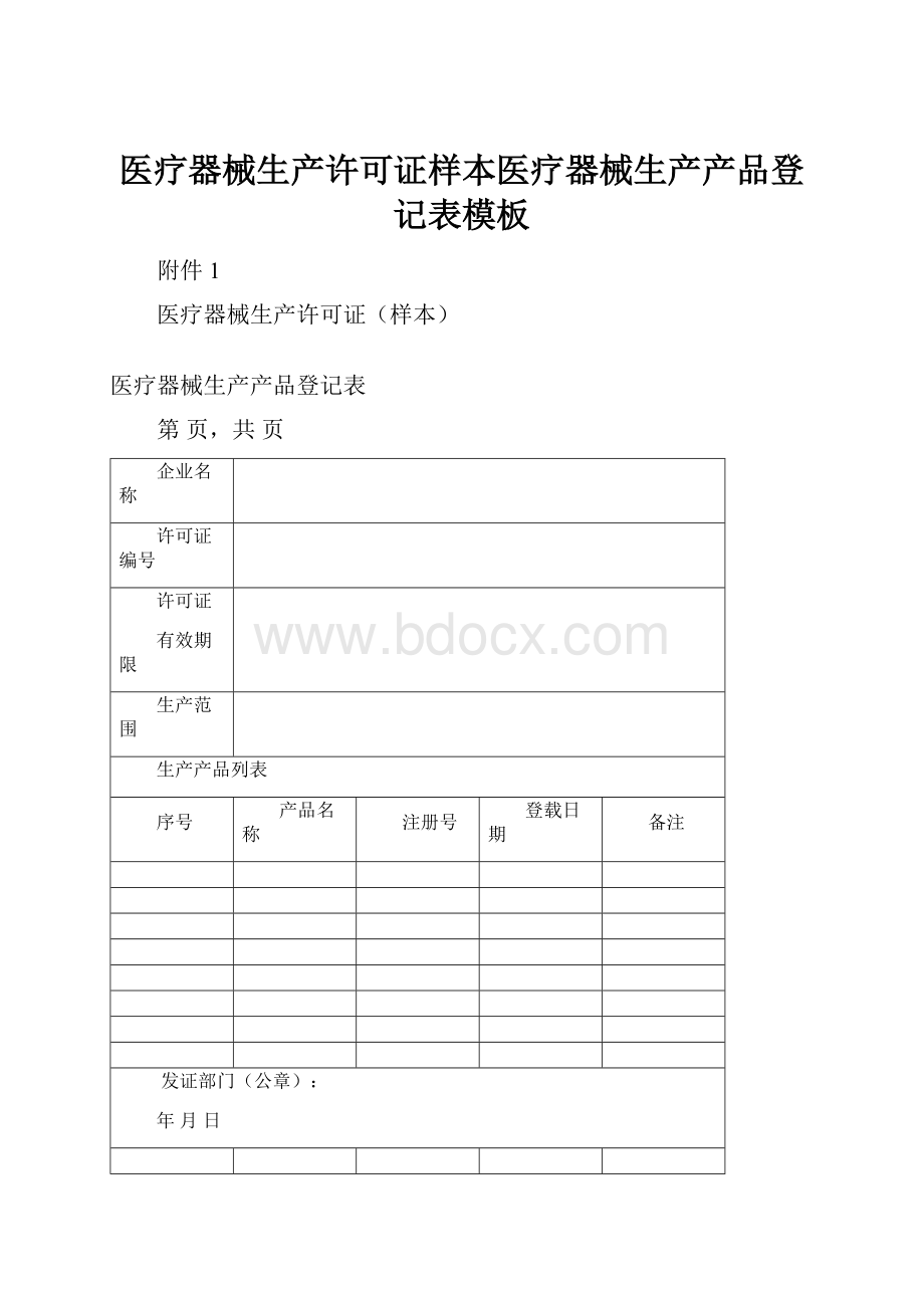 医疗器械生产许可证样本医疗器械生产产品登记表模板Word下载.docx