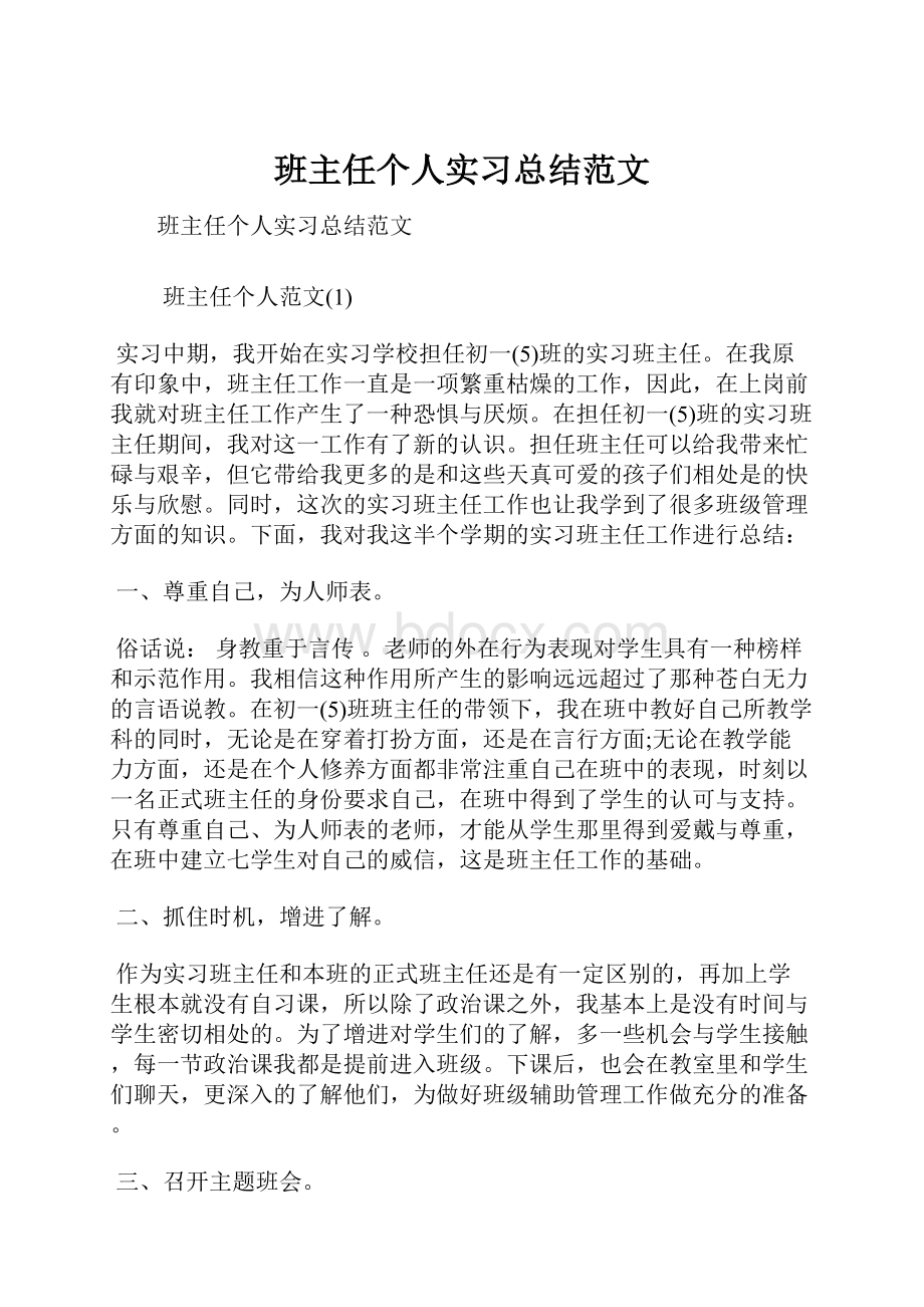 班主任个人实习总结范文.docx