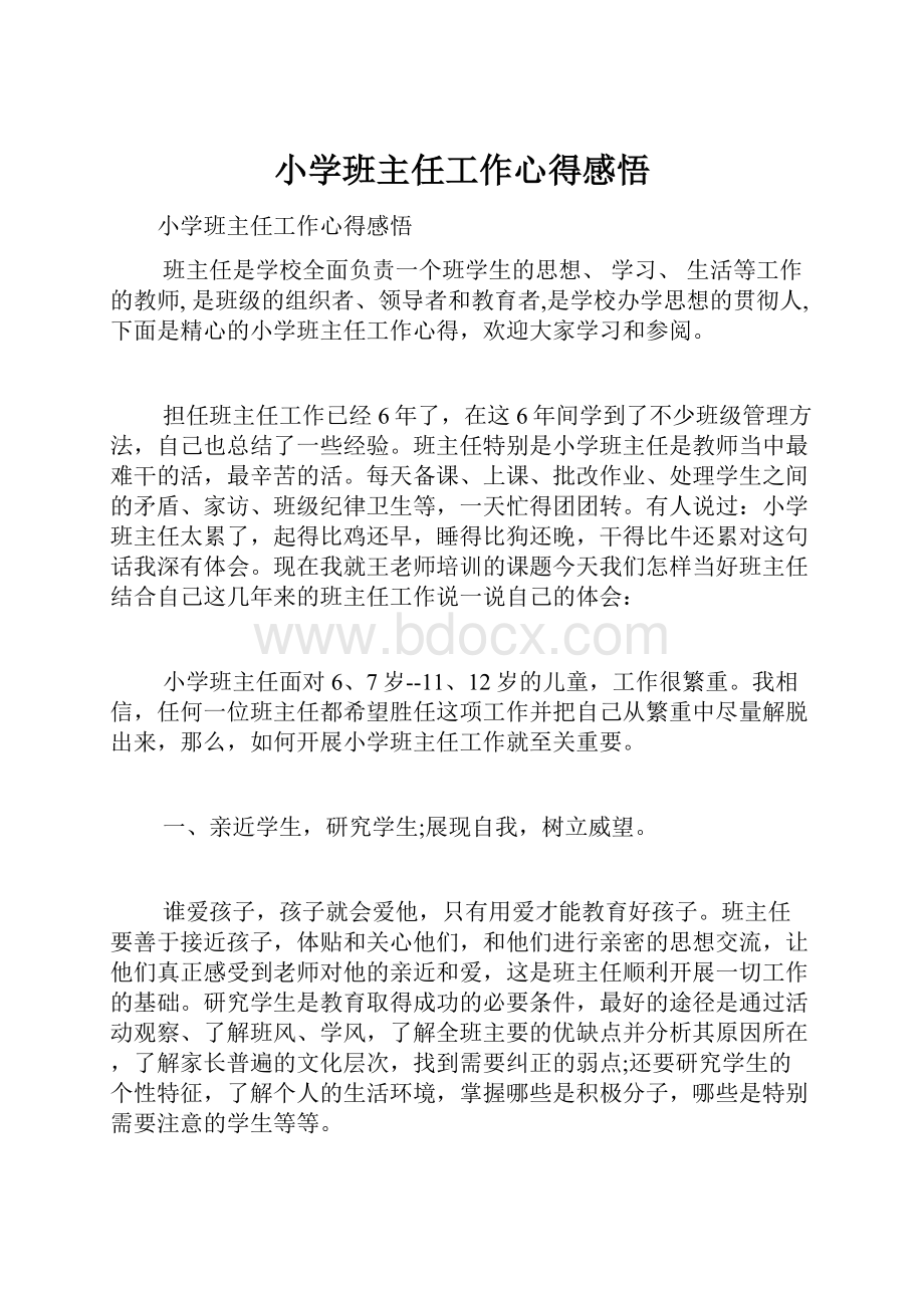 小学班主任工作心得感悟Word文件下载.docx_第1页