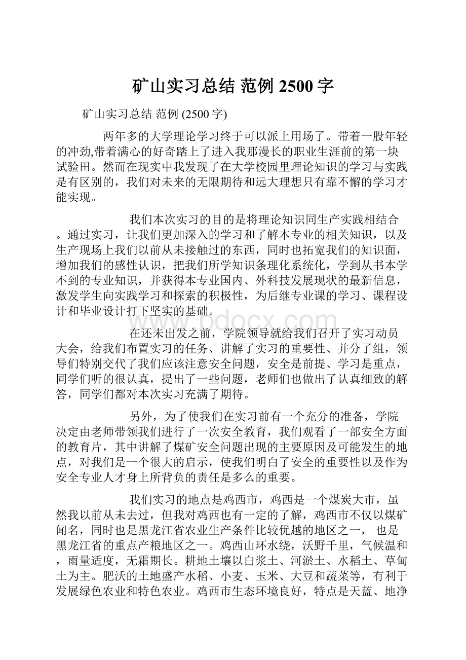 矿山实习总结 范例 2500字Word格式文档下载.docx