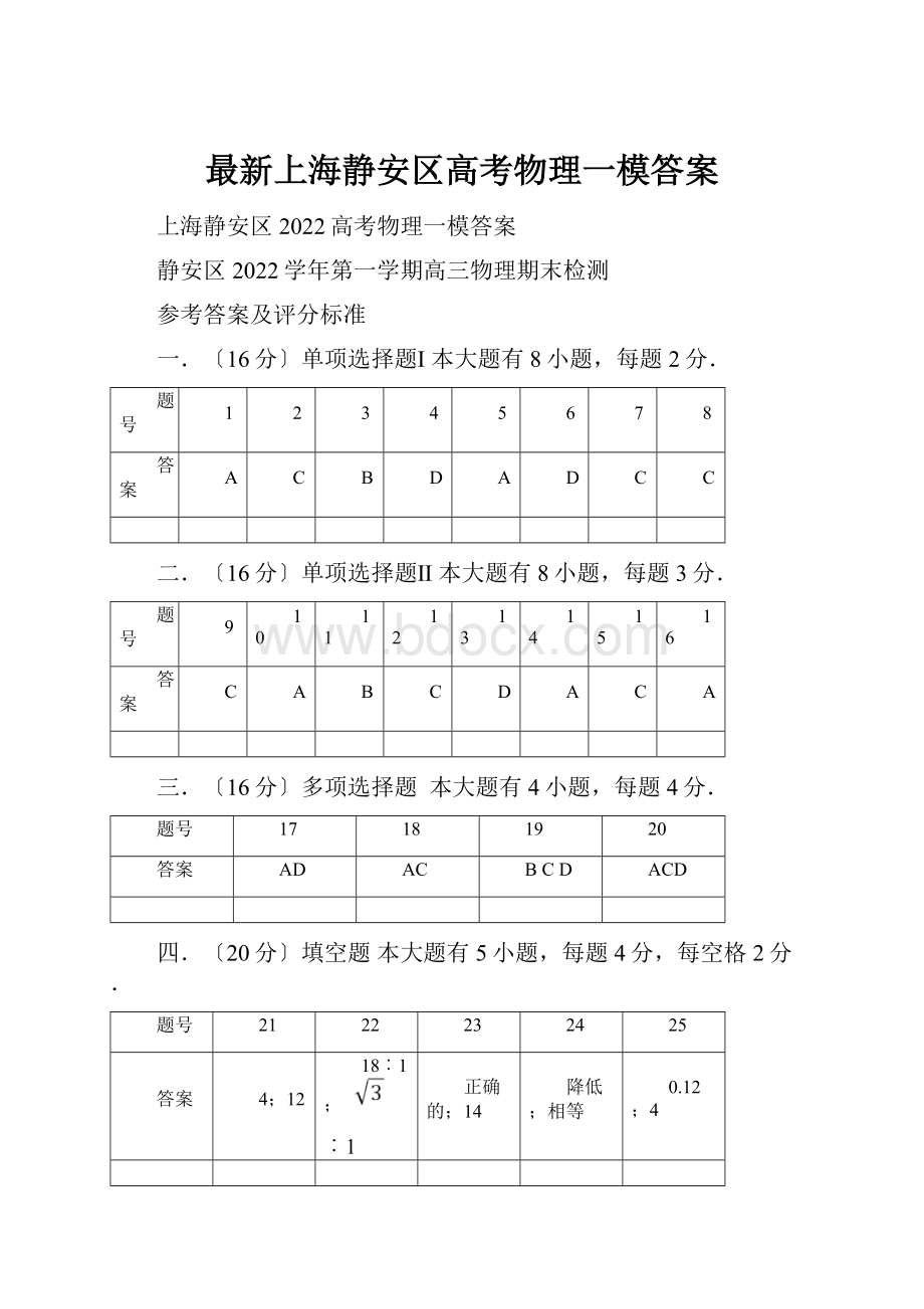 最新上海静安区高考物理一模答案.docx_第1页