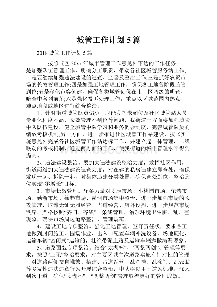 城管工作计划5篇Word文档下载推荐.docx