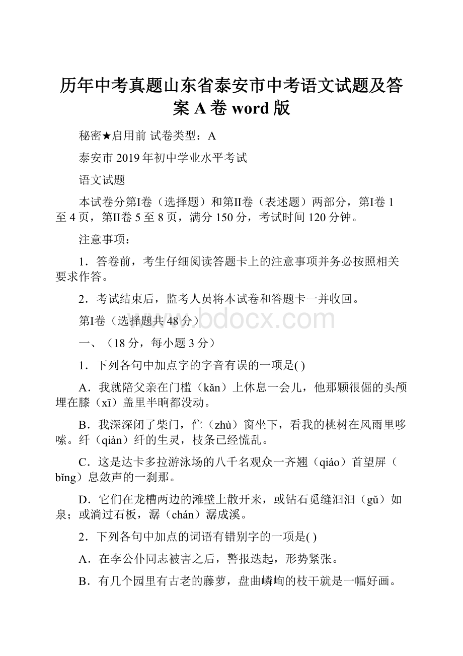 历年中考真题山东省泰安市中考语文试题及答案A卷word版.docx