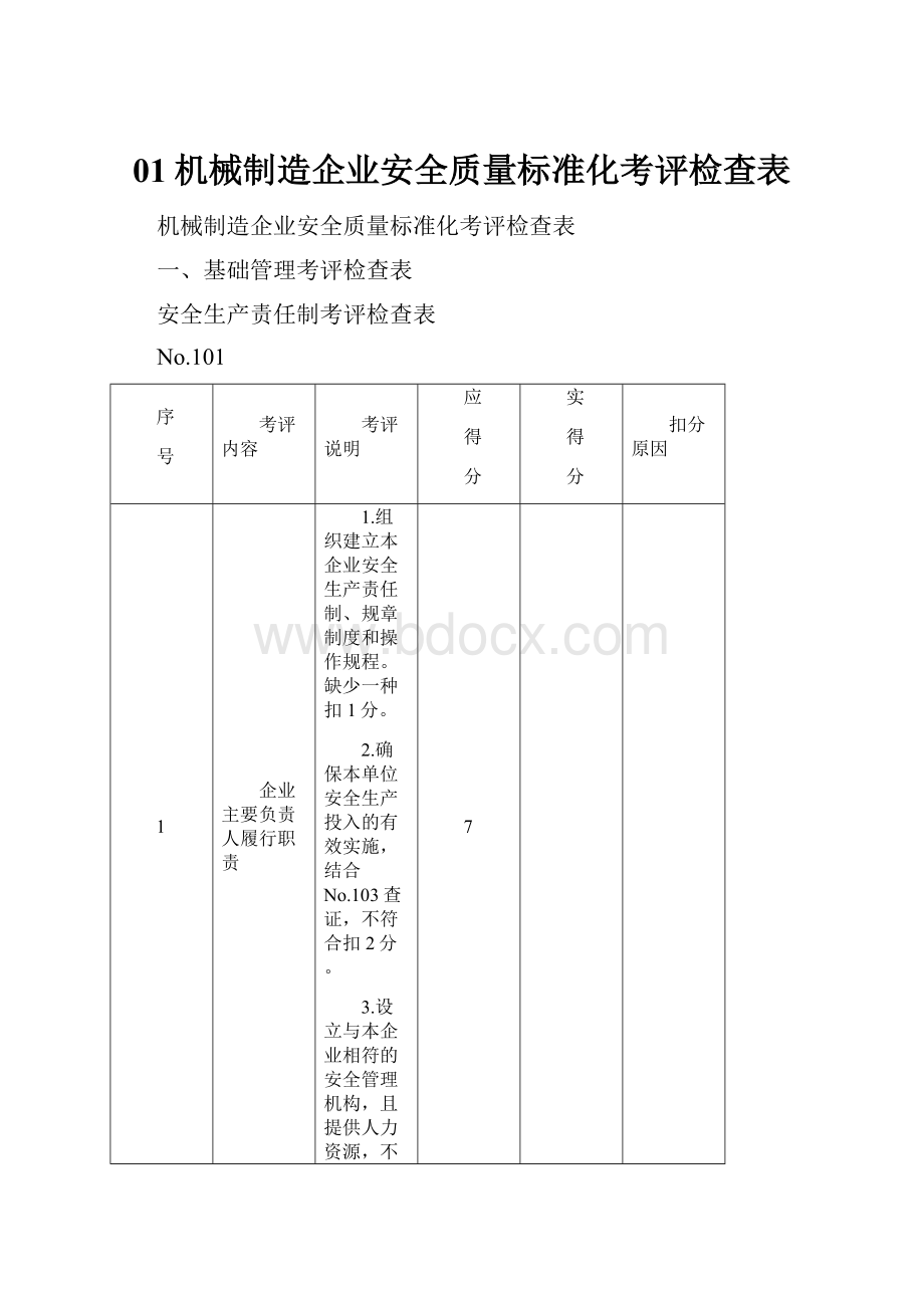 01机械制造企业安全质量标准化考评检查表Word文档格式.docx