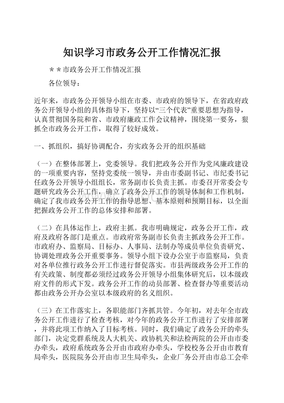 知识学习市政务公开工作情况汇报.docx