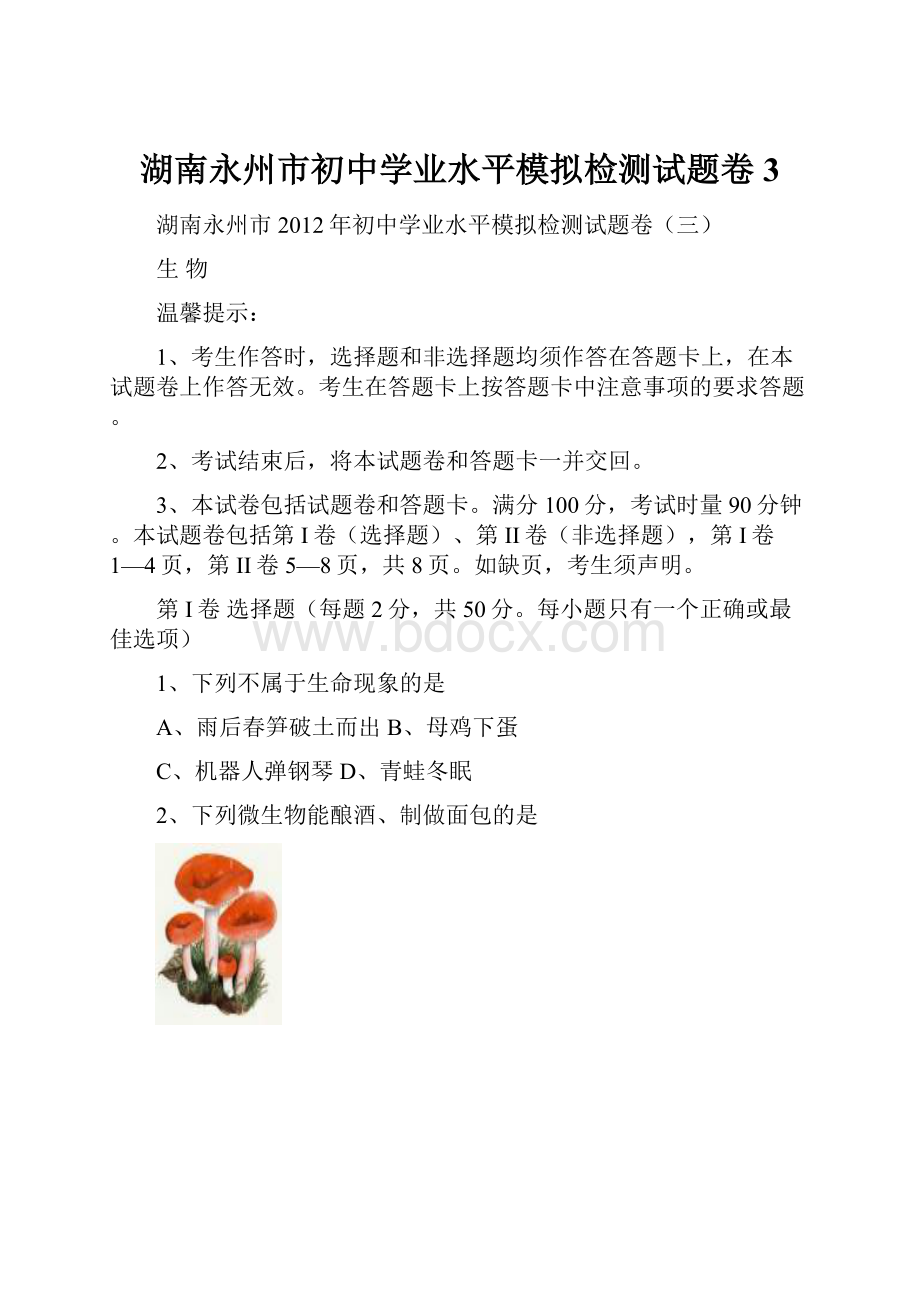 湖南永州市初中学业水平模拟检测试题卷3.docx_第1页