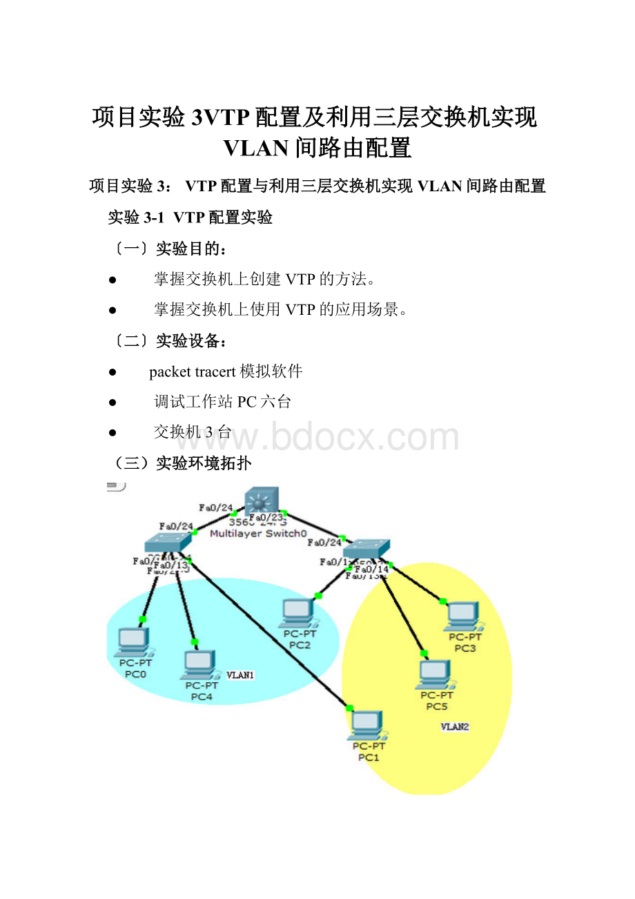 项目实验3VTP配置及利用三层交换机实现VLAN间路由配置.docx_第1页