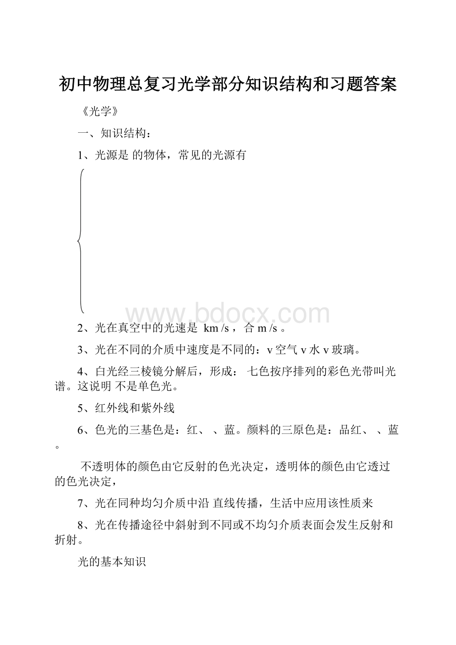 初中物理总复习光学部分知识结构和习题答案.docx