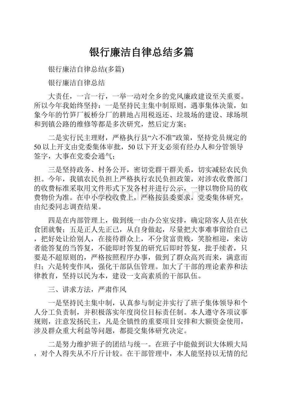 银行廉洁自律总结多篇文档格式.docx_第1页