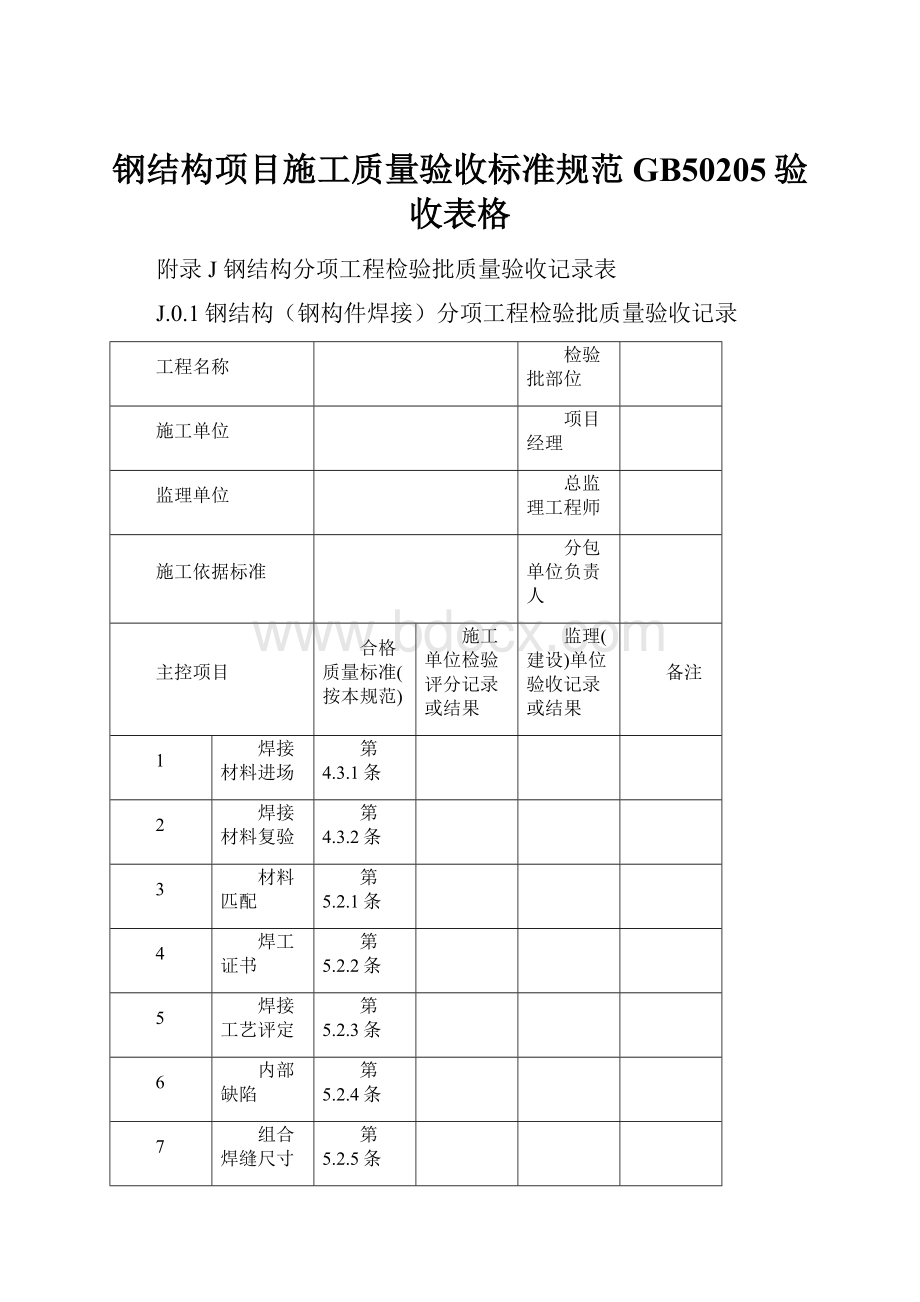 钢结构项目施工质量验收标准规范GB50205验收表格Word格式.docx