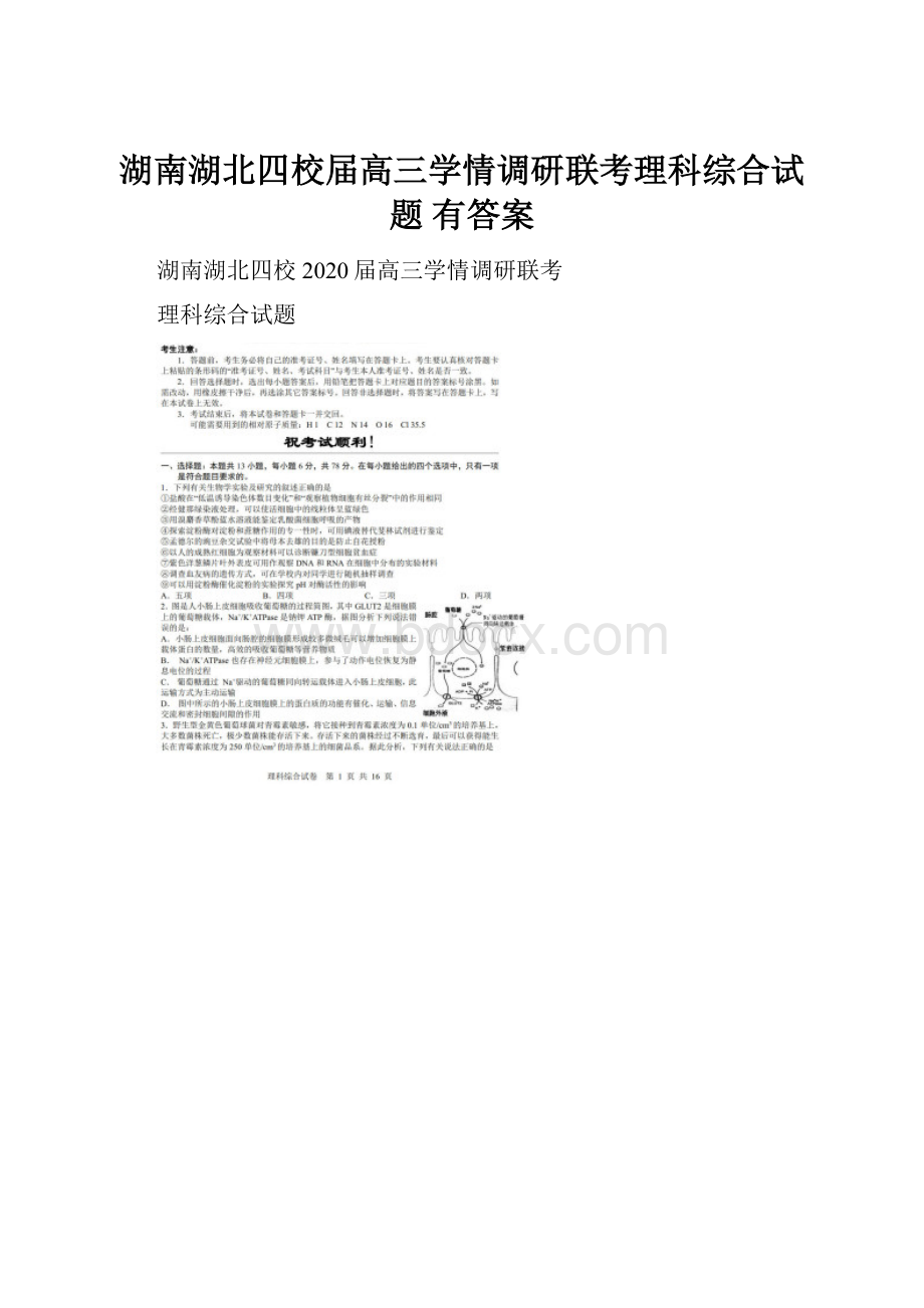 湖南湖北四校届高三学情调研联考理科综合试题 有答案.docx_第1页