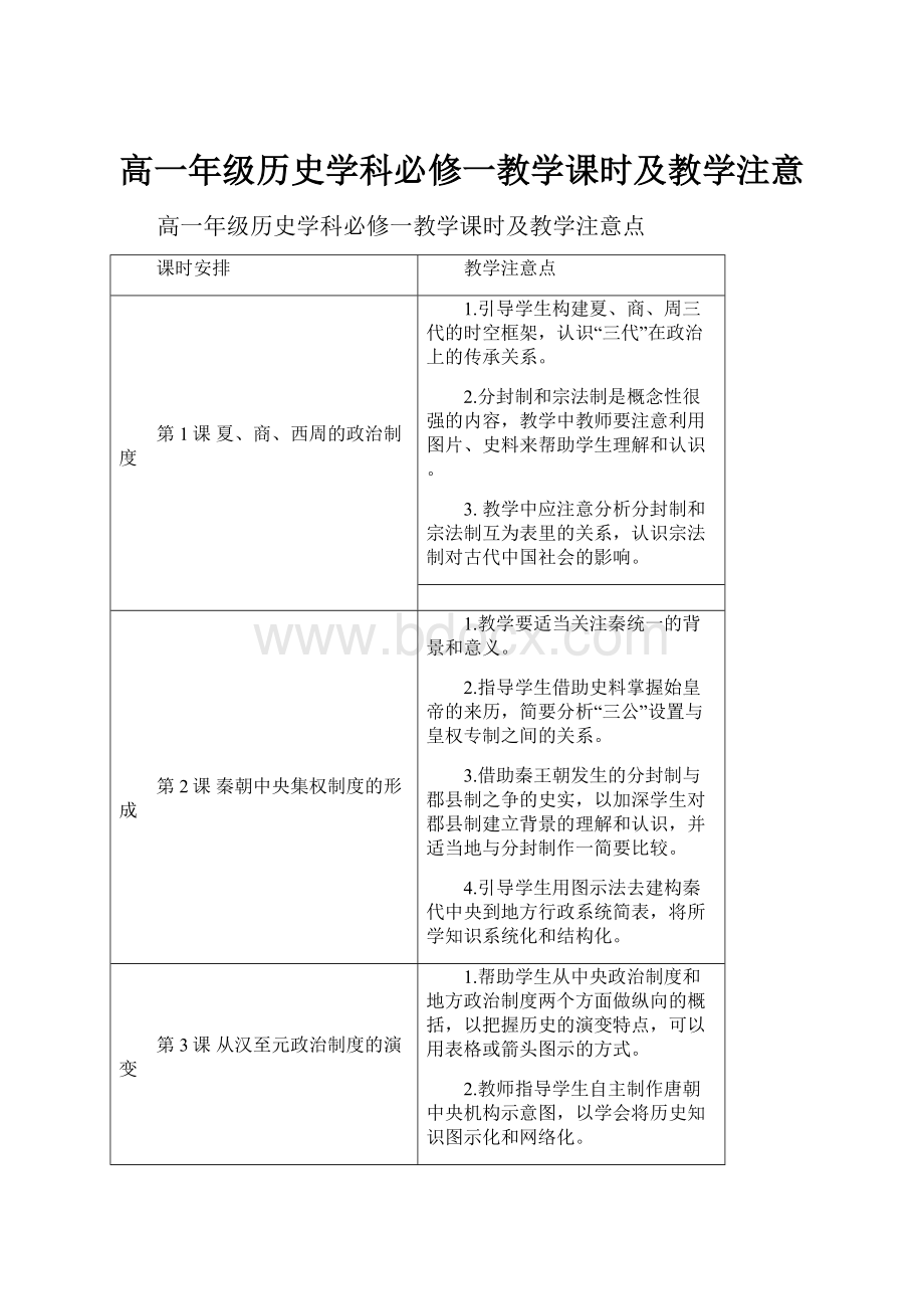 高一年级历史学科必修一教学课时及教学注意.docx_第1页