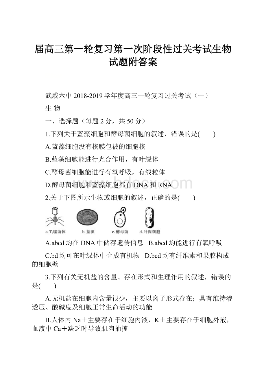 届高三第一轮复习第一次阶段性过关考试生物试题附答案.docx