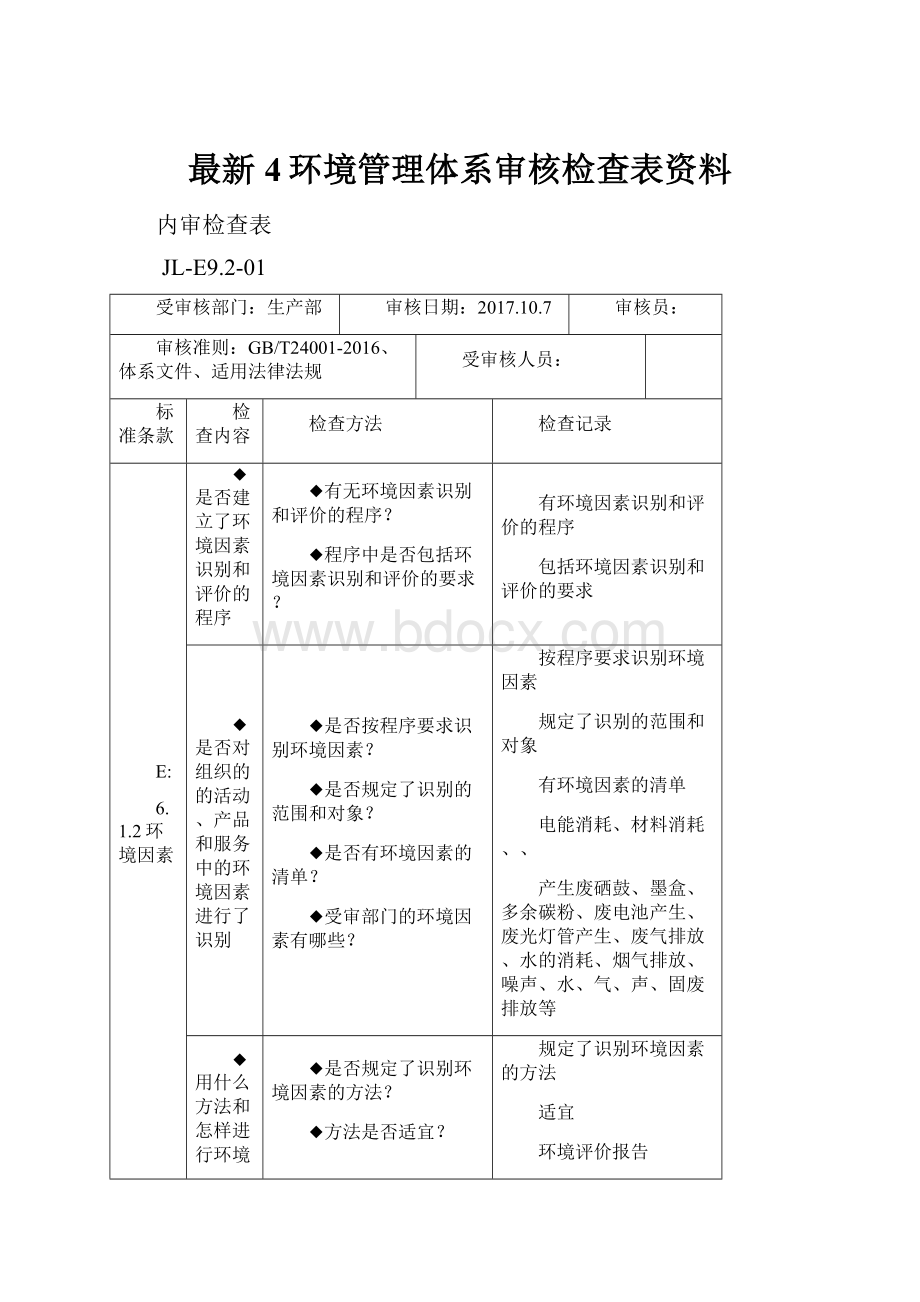 最新4环境管理体系审核检查表资料.docx