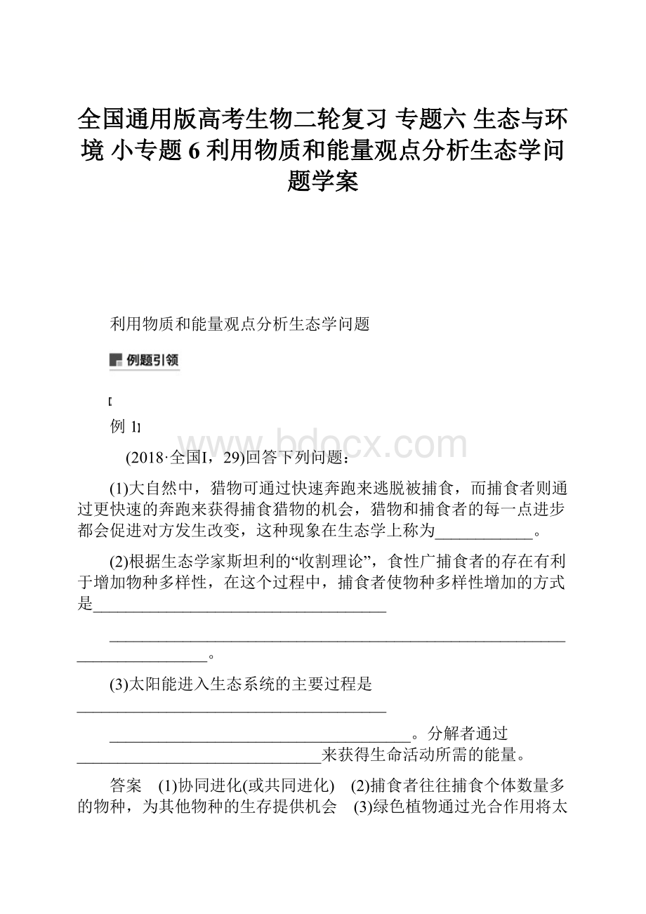 全国通用版高考生物二轮复习 专题六 生态与环境 小专题6 利用物质和能量观点分析生态学问题学案Word文档格式.docx