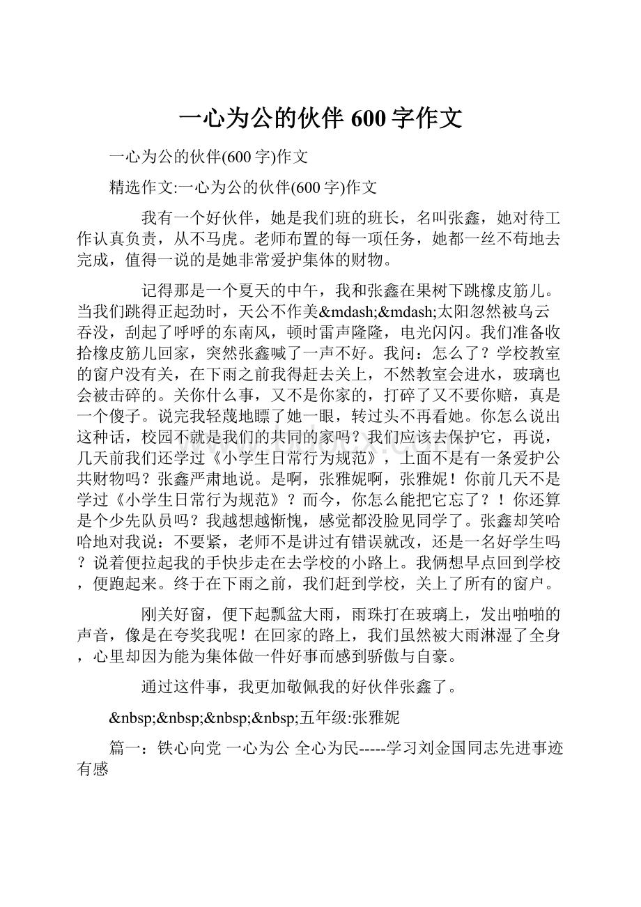 一心为公的伙伴600字作文.docx_第1页