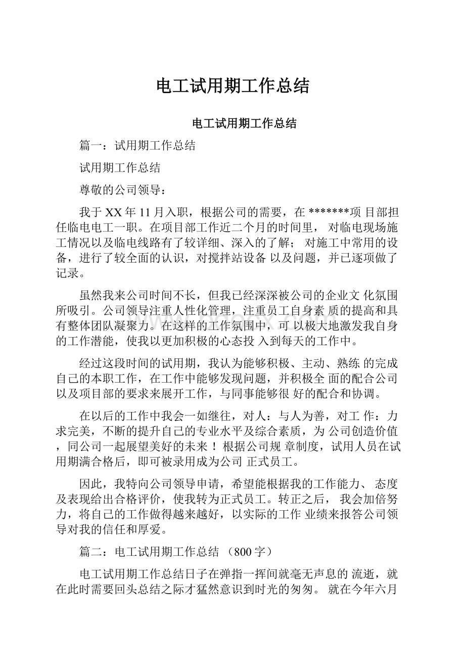 电工试用期工作总结文档格式.docx