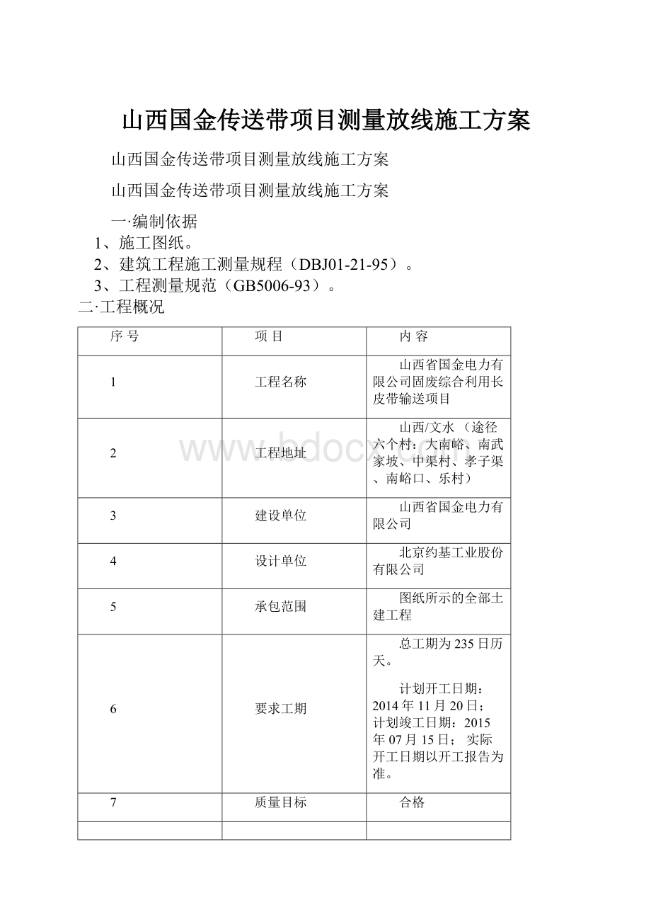 山西国金传送带项目测量放线施工方案Word文档格式.docx