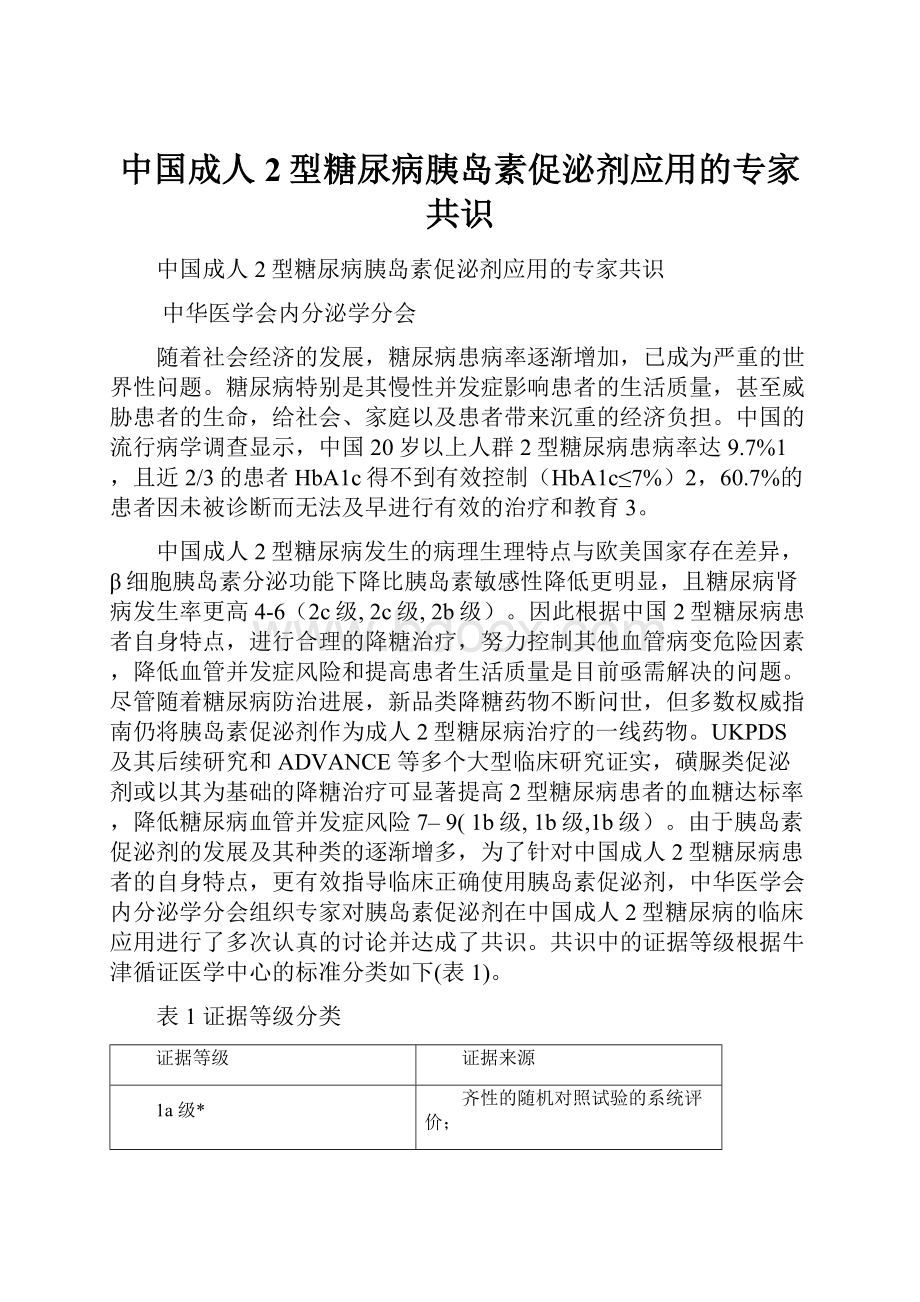 中国成人2型糖尿病胰岛素促泌剂应用的专家共识Word格式.docx