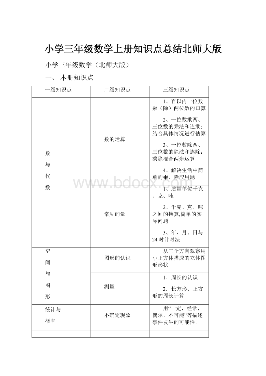 小学三年级数学上册知识点总结北师大版Word文件下载.docx