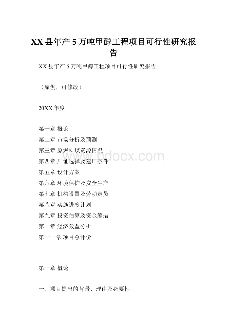 XX县年产5万吨甲醇工程项目可行性研究报告.docx