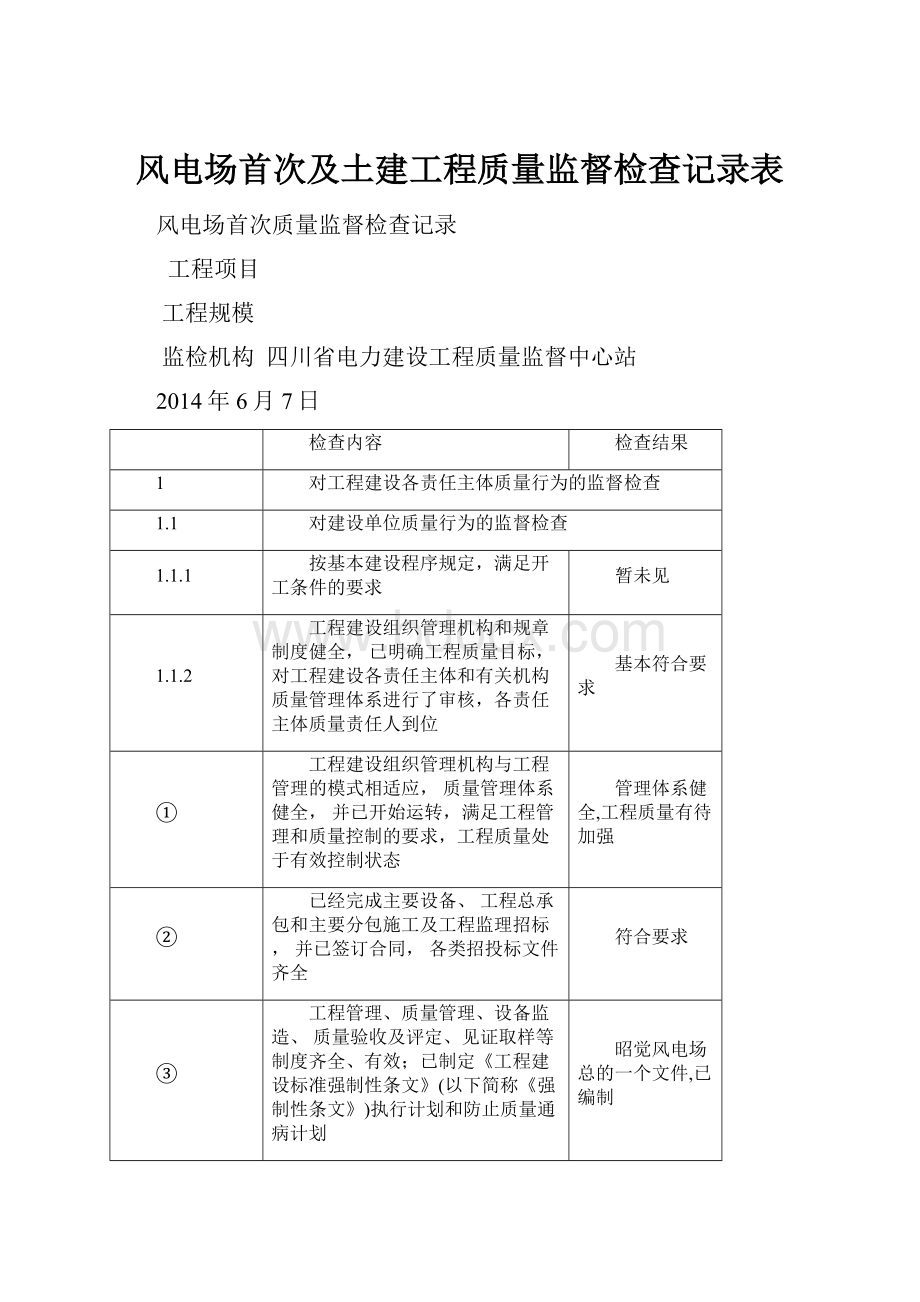 风电场首次及土建工程质量监督检查记录表Word文件下载.docx