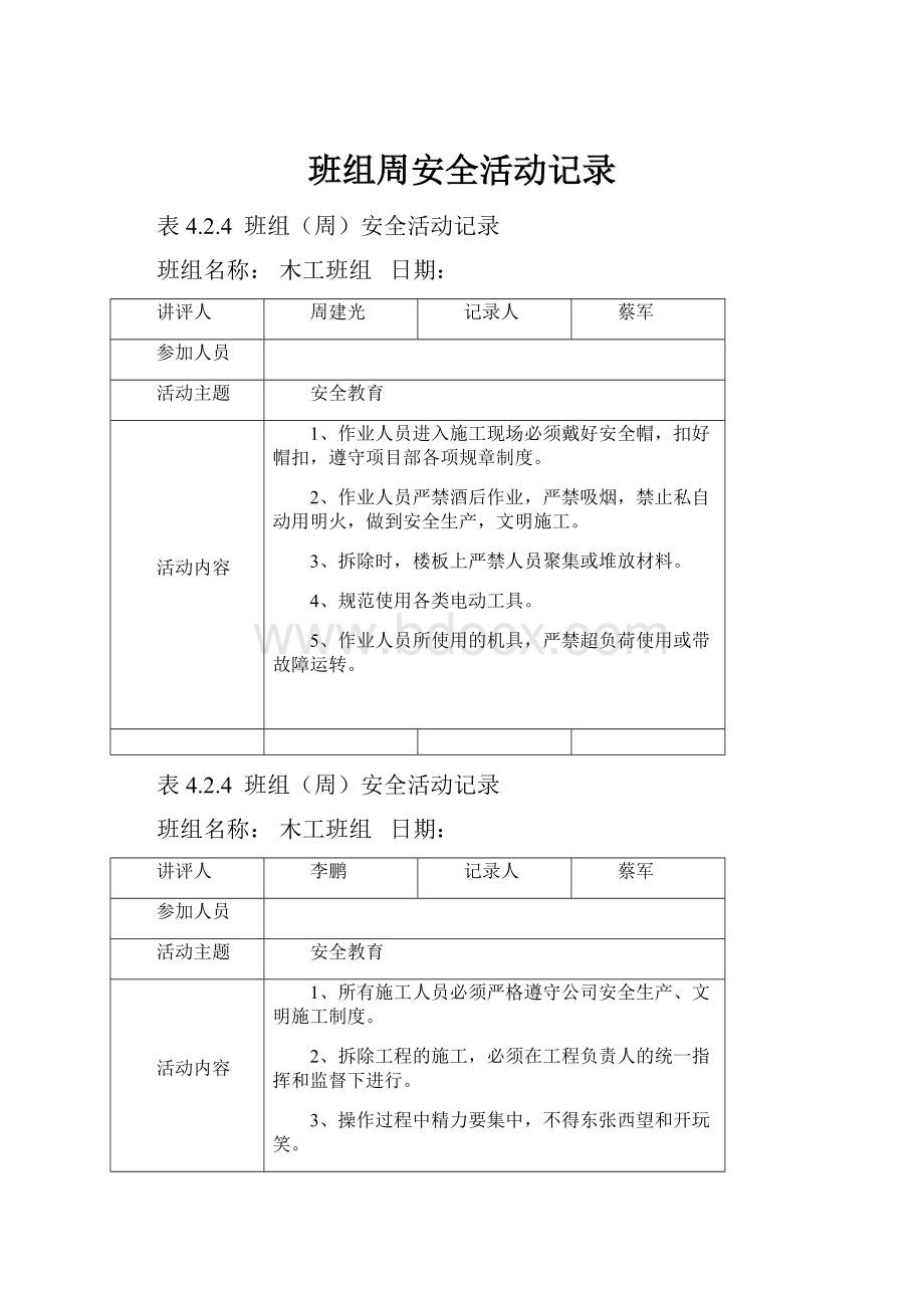 班组周安全活动记录.docx_第1页