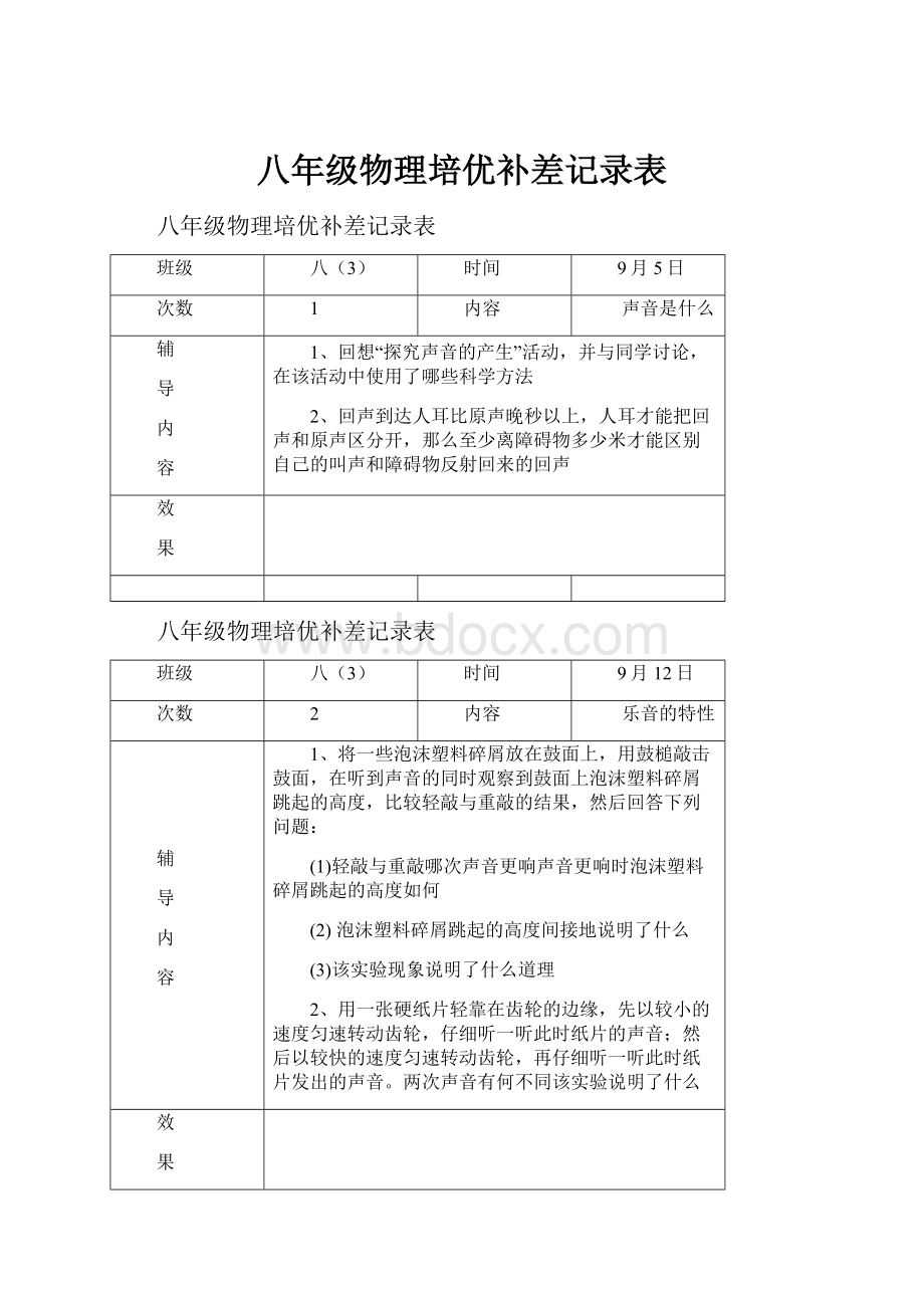 八年级物理培优补差记录表Word下载.docx