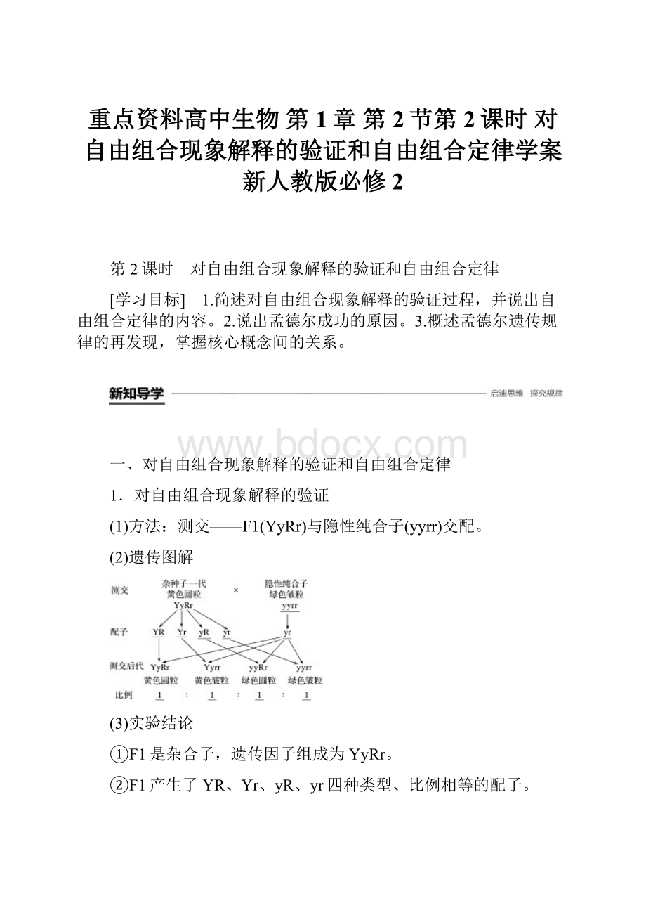 重点资料高中生物 第1章 第2节第2课时 对自由组合现象解释的验证和自由组合定律学案 新人教版必修2.docx_第1页