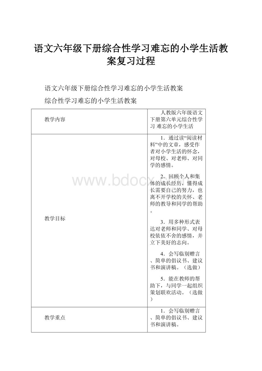 语文六年级下册综合性学习难忘的小学生活教案复习过程文档格式.docx_第1页