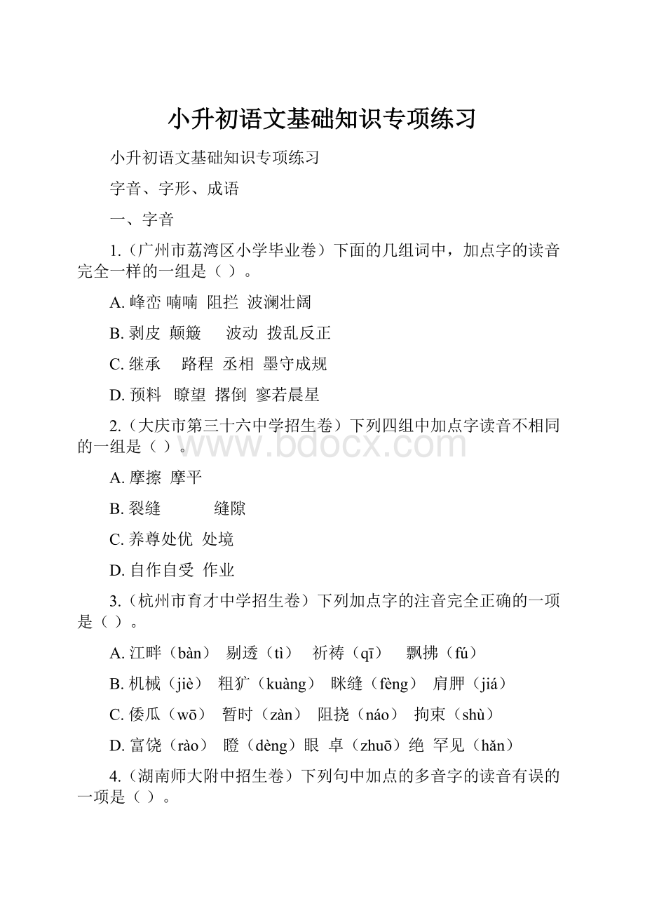 小升初语文基础知识专项练习.docx