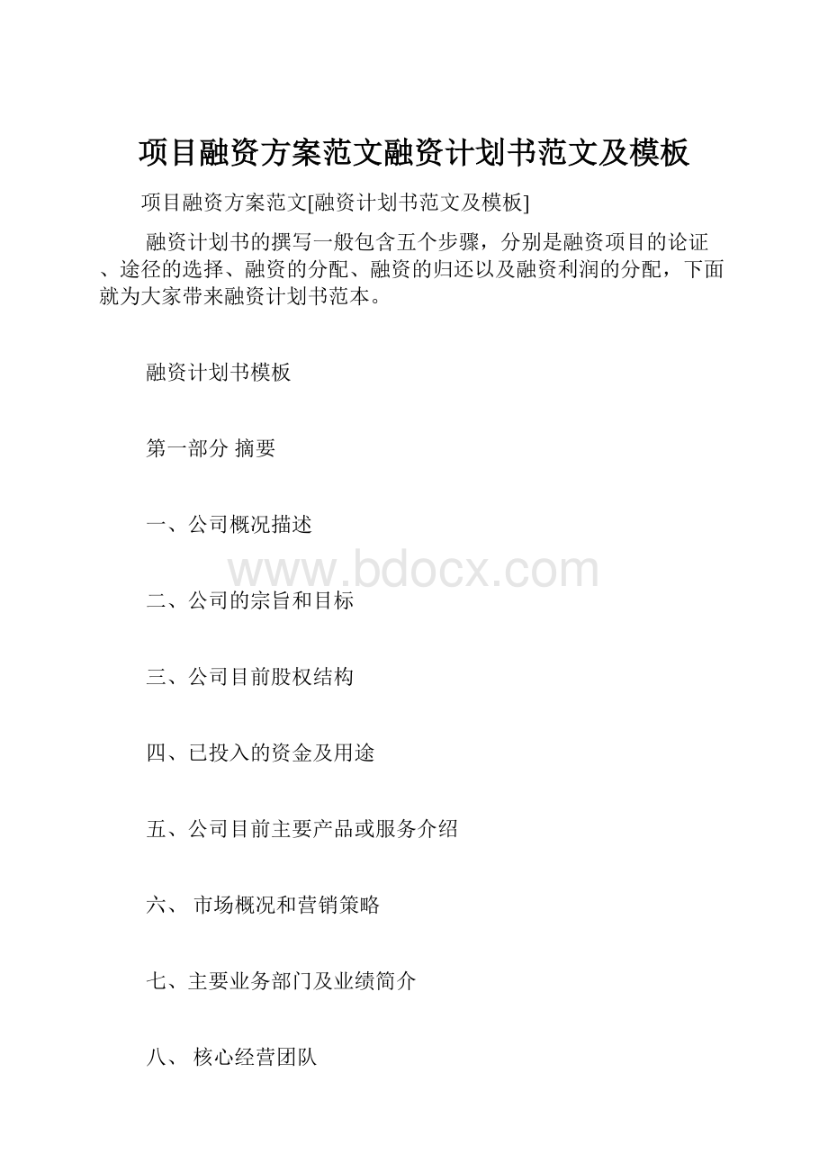 项目融资方案范文融资计划书范文及模板Word格式.docx