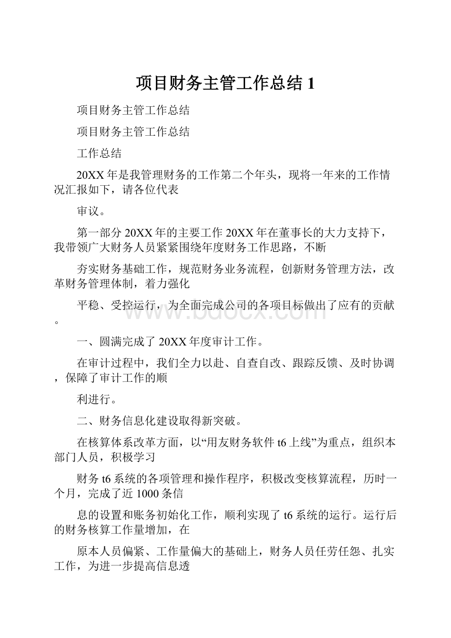 项目财务主管工作总结1Word文档下载推荐.docx