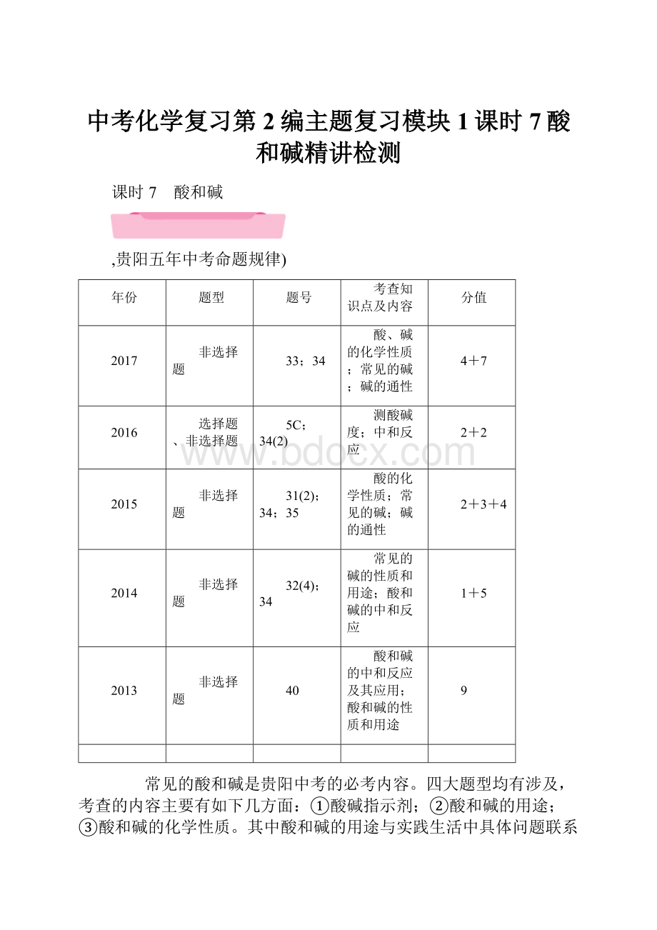 中考化学复习第2编主题复习模块1课时7酸和碱精讲检测.docx