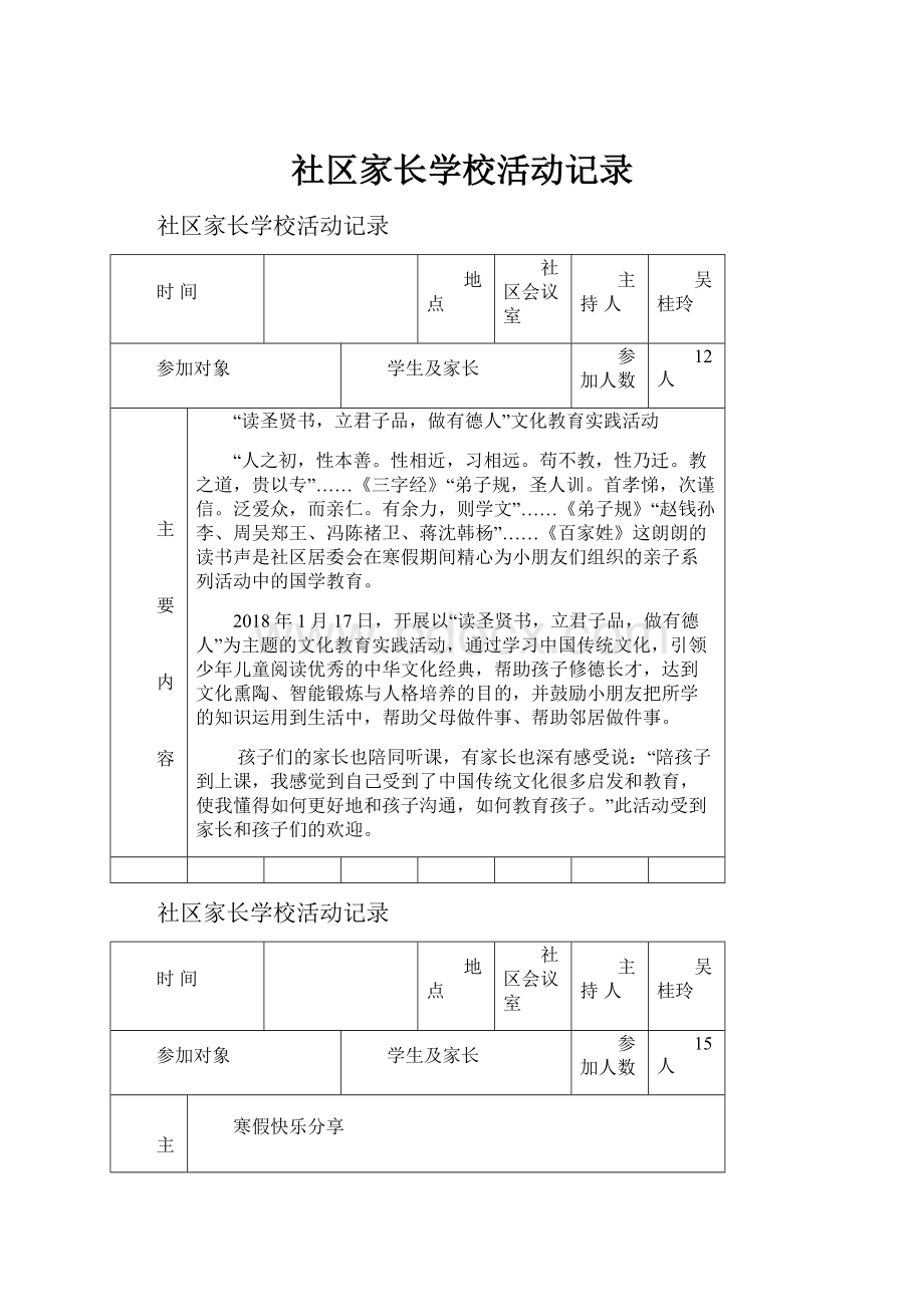 社区家长学校活动记录Word下载.docx