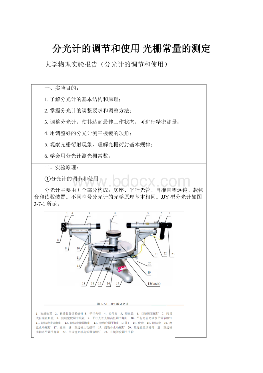 分光计的调节和使用 光栅常量的测定.docx