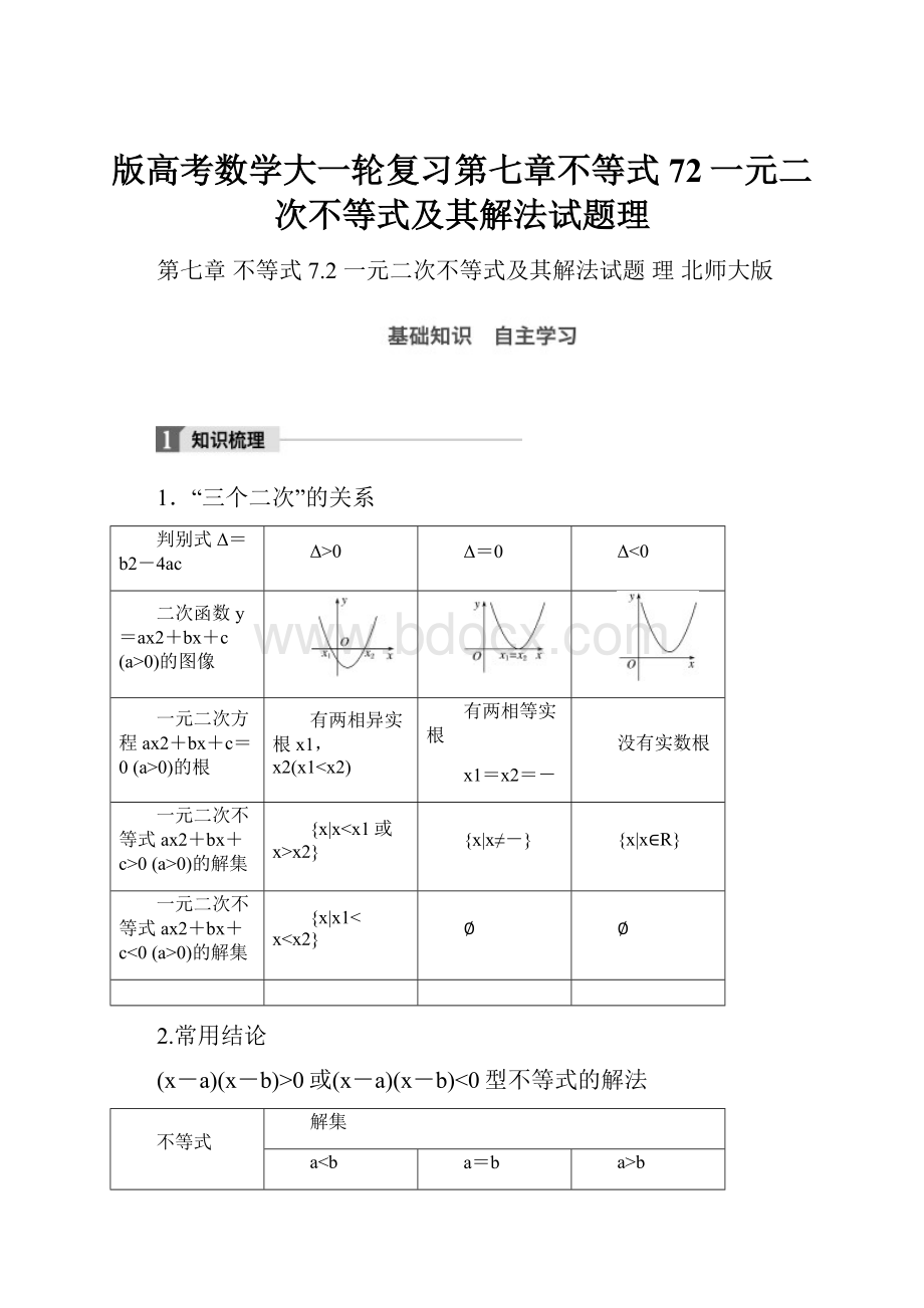 版高考数学大一轮复习第七章不等式72一元二次不等式及其解法试题理Word文档下载推荐.docx