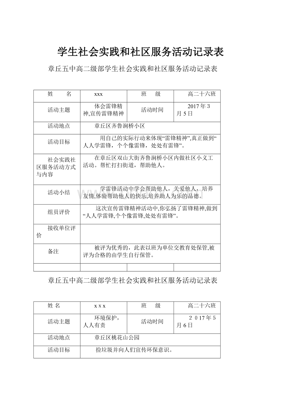 学生社会实践和社区服务活动记录表.docx_第1页