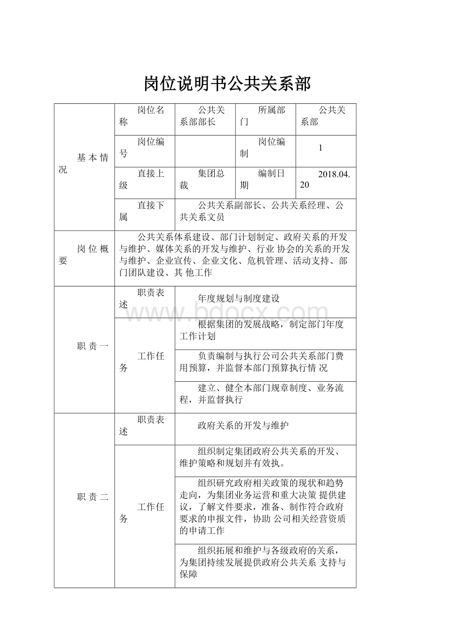 岗位说明书公共关系部.docx_第1页