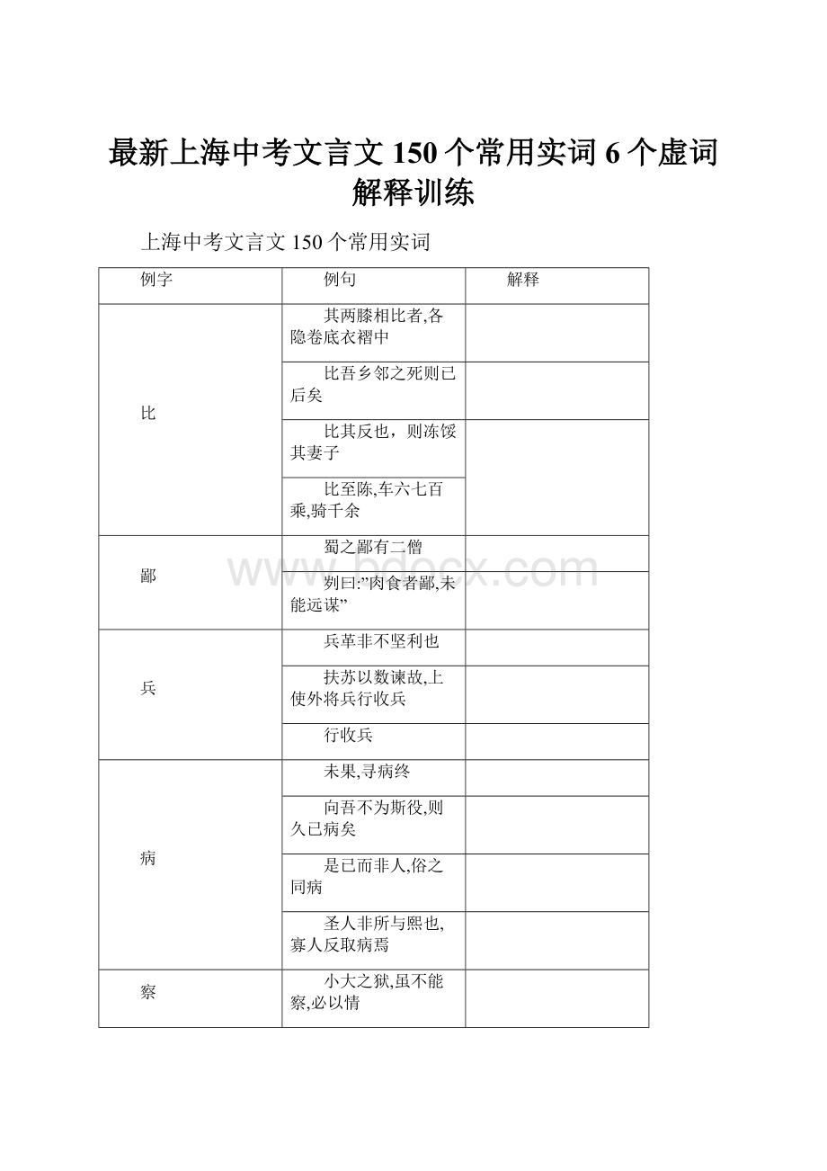 最新上海中考文言文150个常用实词6个虚词解释训练.docx