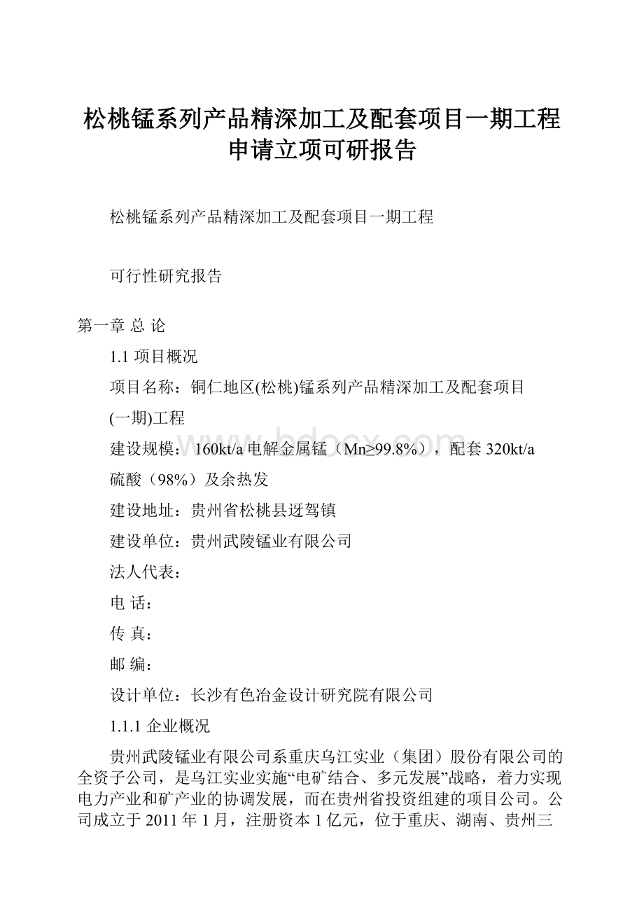 松桃锰系列产品精深加工及配套项目一期工程申请立项可研报告.docx_第1页