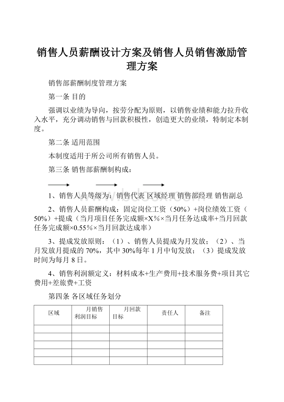 销售人员薪酬设计方案及销售人员销售激励管理方案Word文档格式.docx_第1页