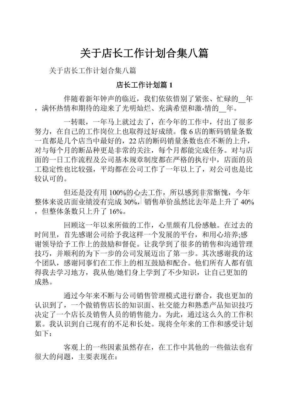 关于店长工作计划合集八篇Word格式文档下载.docx