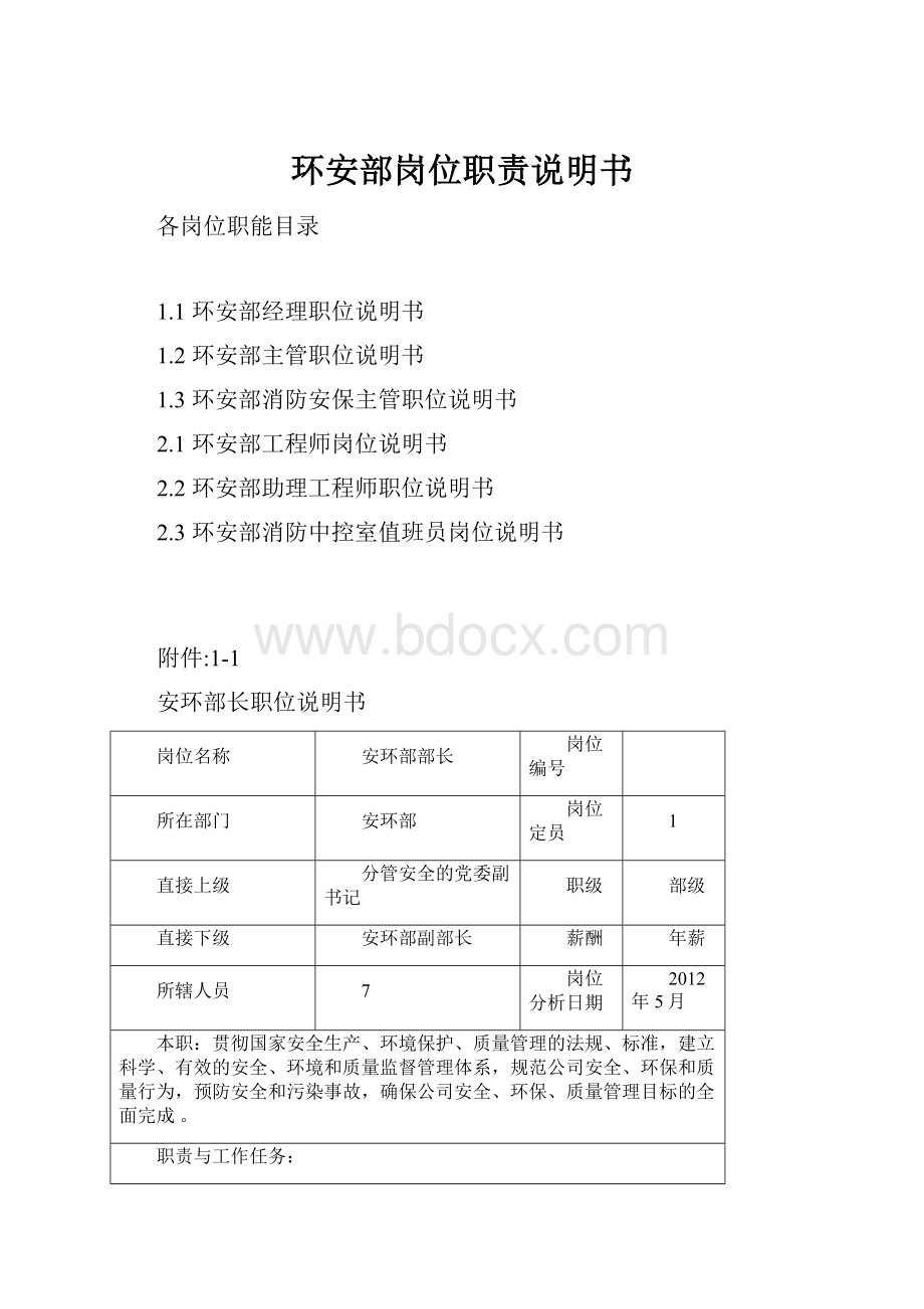 环安部岗位职责说明书Word格式文档下载.docx