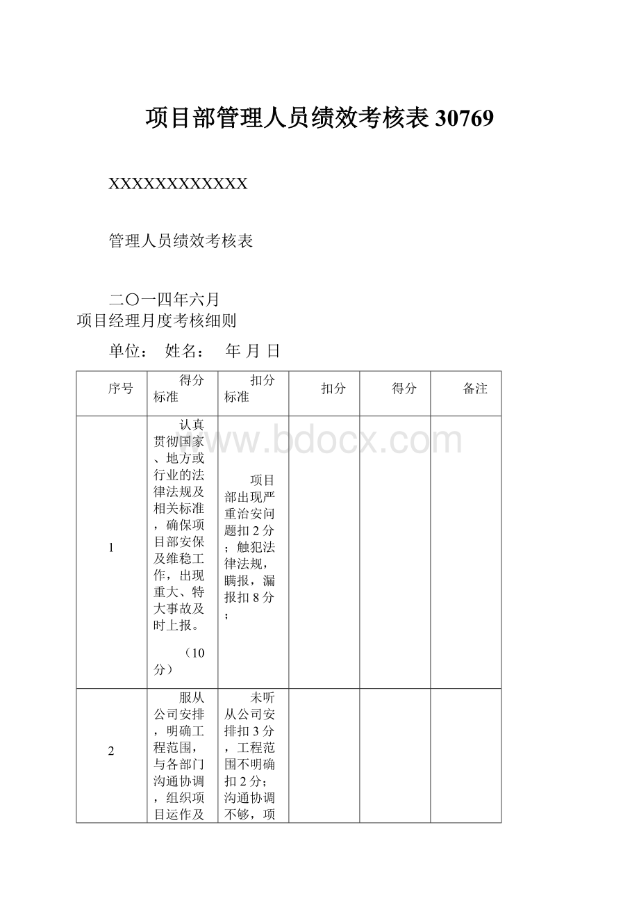 项目部管理人员绩效考核表30769Word文件下载.docx