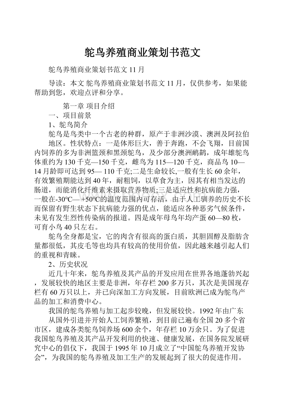 鸵鸟养殖商业策划书范文Word下载.docx