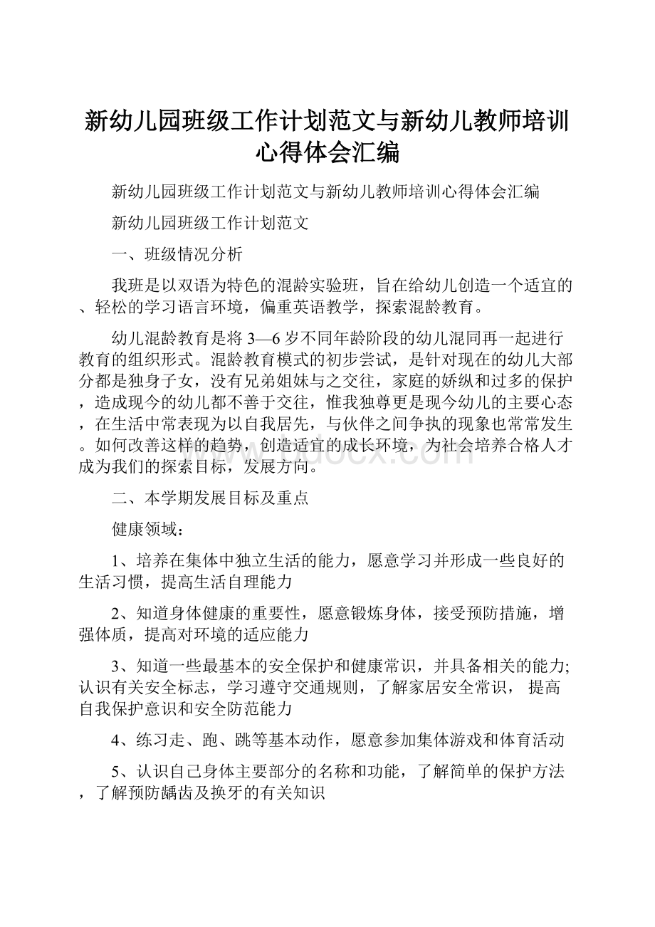 新幼儿园班级工作计划范文与新幼儿教师培训心得体会汇编Word下载.docx_第1页