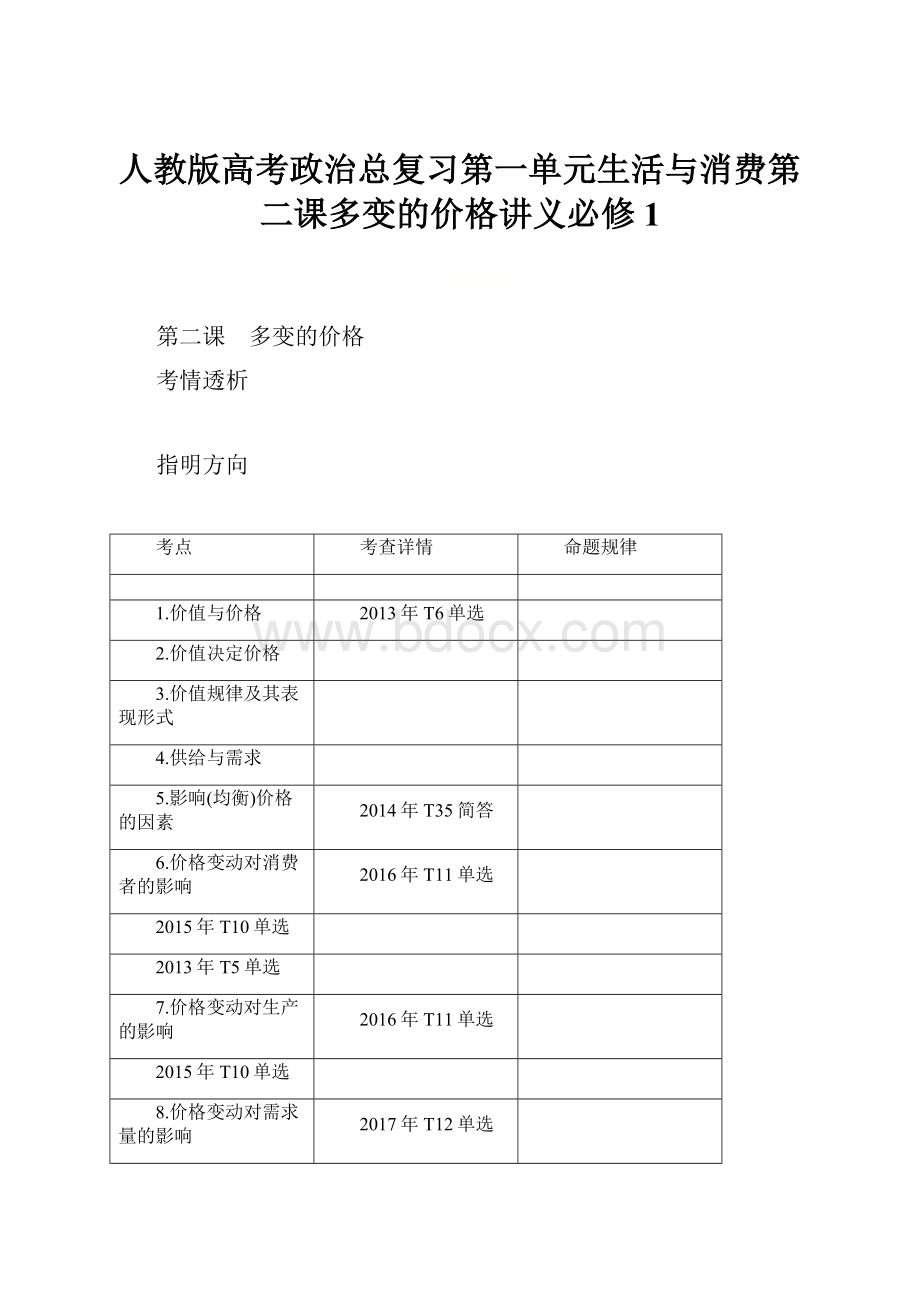 人教版高考政治总复习第一单元生活与消费第二课多变的价格讲义必修1.docx_第1页