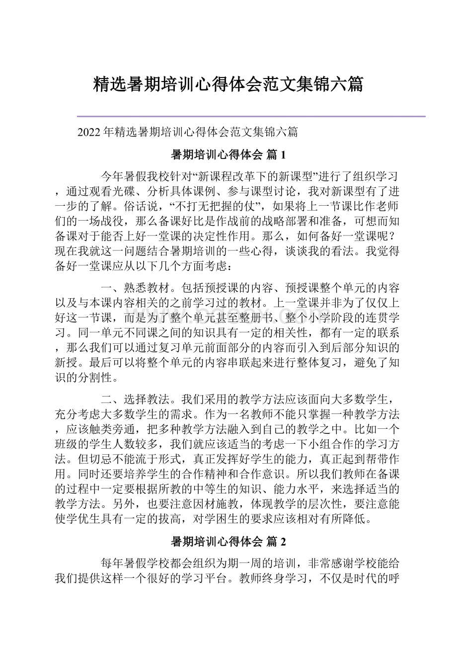 精选暑期培训心得体会范文集锦六篇Word文档格式.docx